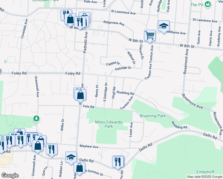 map of restaurants, bars, coffee shops, grocery stores, and more near 654 Roebling Road in Cincinnati