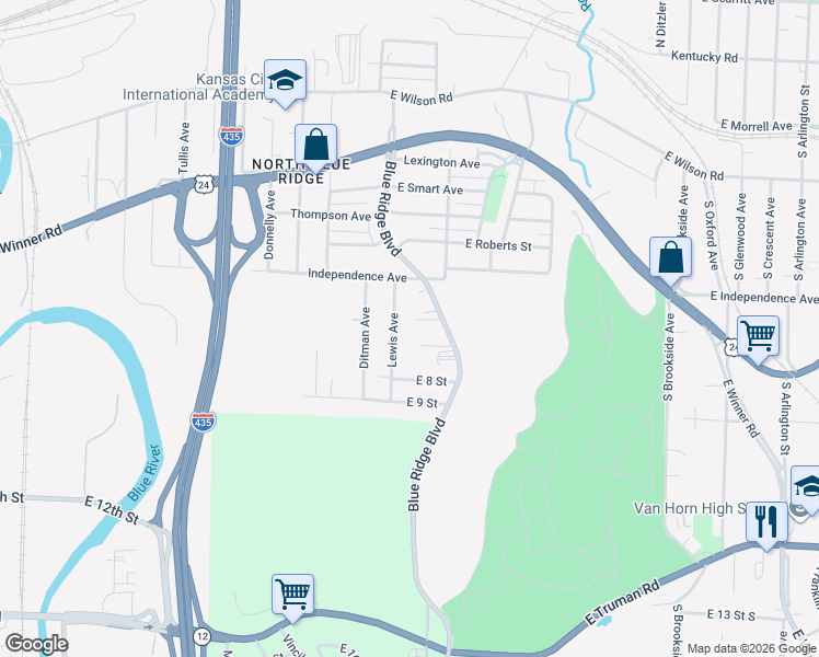 map of restaurants, bars, coffee shops, grocery stores, and more near 8713 East 7 Street in Kansas City