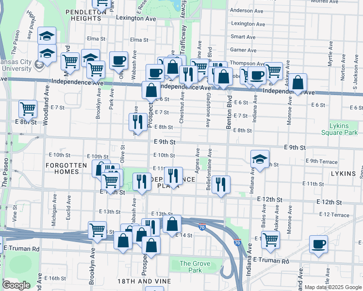 map of restaurants, bars, coffee shops, grocery stores, and more near 2823 East 9th Street in Kansas City