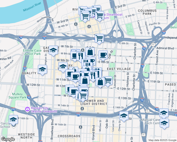 map of restaurants, bars, coffee shops, grocery stores, and more near 1000 Walnut Street in Kansas City
