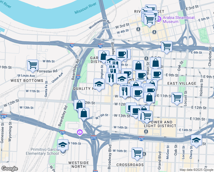 map of restaurants, bars, coffee shops, grocery stores, and more near 1010 Broadway Boulevard in Kansas City