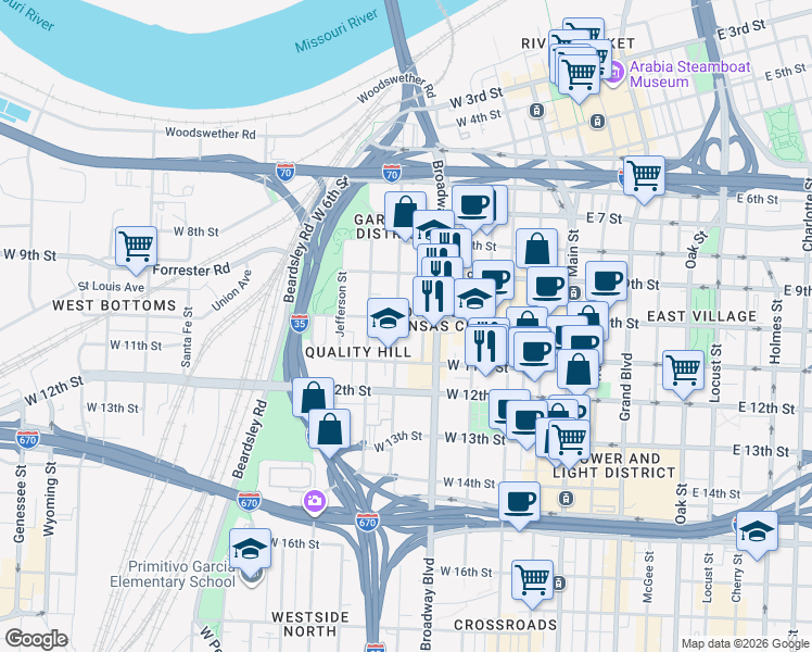map of restaurants, bars, coffee shops, grocery stores, and more near 1080 Washington Street in Kansas City
