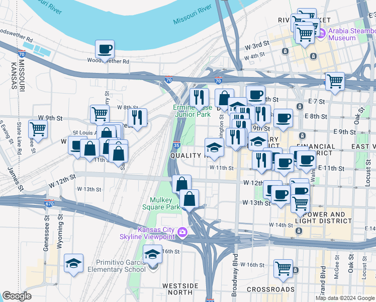 map of restaurants, bars, coffee shops, grocery stores, and more near 1050 Jefferson Street in Kansas City