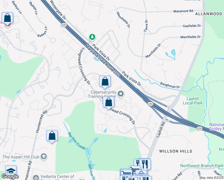 map of restaurants, bars, coffee shops, grocery stores, and more near 15006 Shamrock Ridge Road in Silver Spring