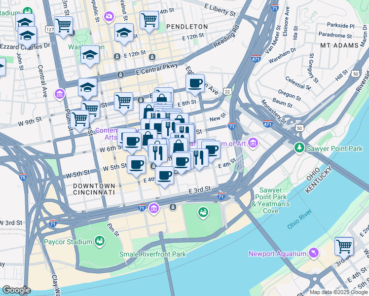 map of restaurants, bars, coffee shops, grocery stores, and more near 250 East 5th Street in Cincinnati