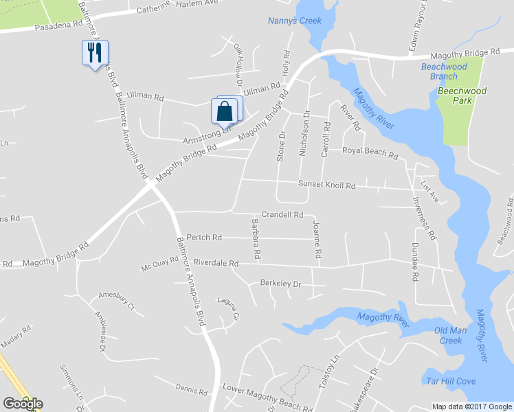 map of restaurants, bars, coffee shops, grocery stores, and more near 306 Crandell Road in Severna Park