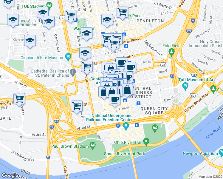 map of restaurants, bars, coffee shops, grocery stores, and more near 541 Vine Street in Cincinnati