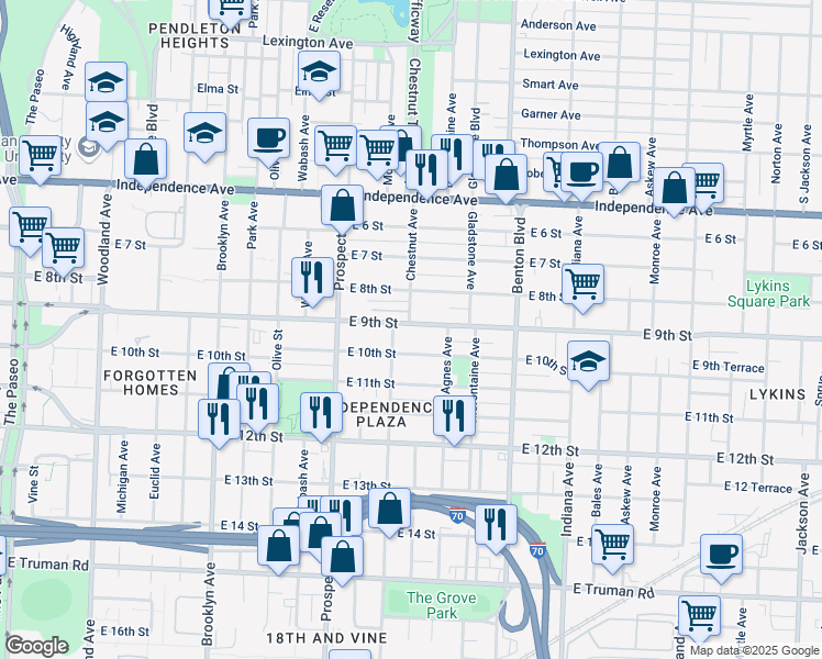 map of restaurants, bars, coffee shops, grocery stores, and more near 2823 East 9th Street in Kansas City