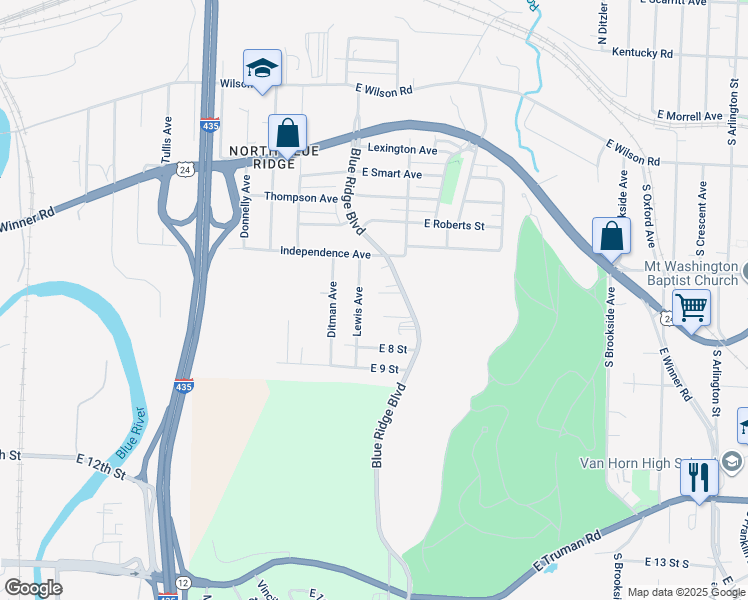 map of restaurants, bars, coffee shops, grocery stores, and more near 8713 East 7 Street in Kansas City