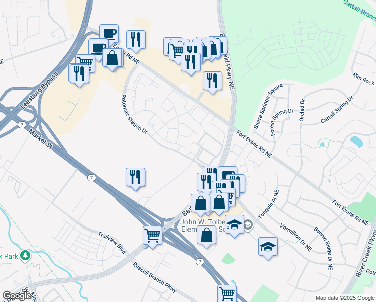 map of restaurants, bars, coffee shops, grocery stores, and more near 514 Doyle Terrace Northeast in Leesburg
