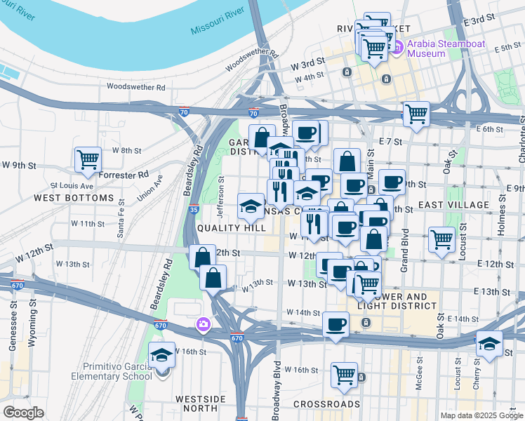 map of restaurants, bars, coffee shops, grocery stores, and more near 1080 Washington Street in Kansas City