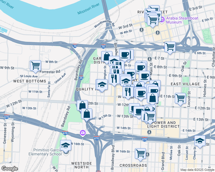 map of restaurants, bars, coffee shops, grocery stores, and more near 439 West 10th Street in Kansas City