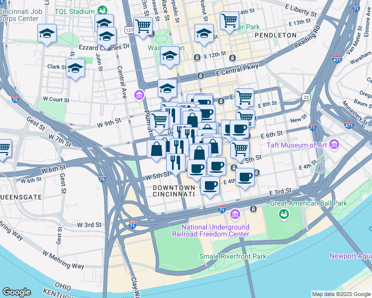 map of restaurants, bars, coffee shops, grocery stores, and more near in Cincinnati