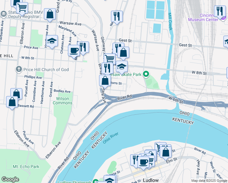 map of restaurants, bars, coffee shops, grocery stores, and more near 2131 Saint Michael Street in Cincinnati