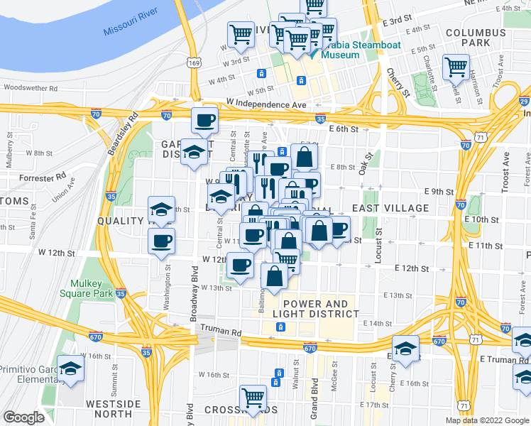 map of restaurants, bars, coffee shops, grocery stores, and more near W 10 St & Baltimore Ave in Kansas City