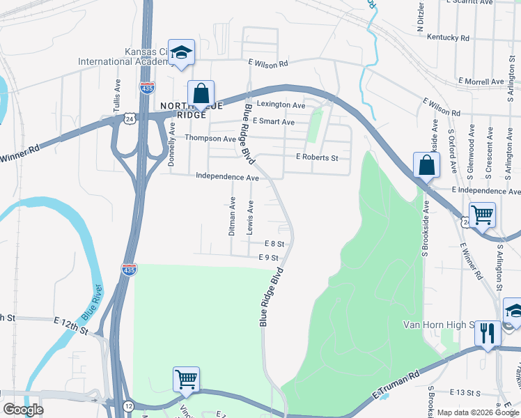 map of restaurants, bars, coffee shops, grocery stores, and more near 8713 East 7 Street in Kansas City