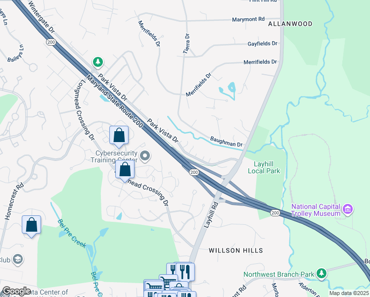 map of restaurants, bars, coffee shops, grocery stores, and more near 14901 Running Ridge Lane in Silver Spring