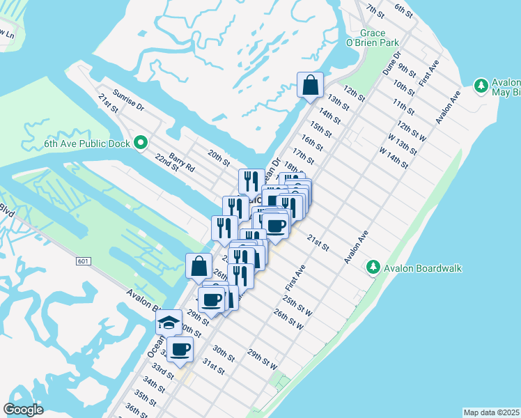 map of restaurants, bars, coffee shops, grocery stores, and more near in Avalon
