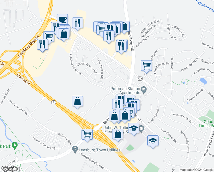 map of restaurants, bars, coffee shops, grocery stores, and more near 514 Doyle Terrace Northeast in Leesburg