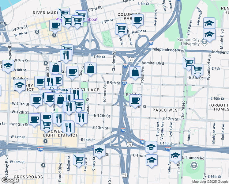 map of restaurants, bars, coffee shops, grocery stores, and more near 806 East 10th Street in Kansas City