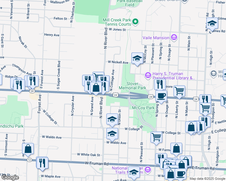 map of restaurants, bars, coffee shops, grocery stores, and more near 1009 North Cottage Avenue in Independence