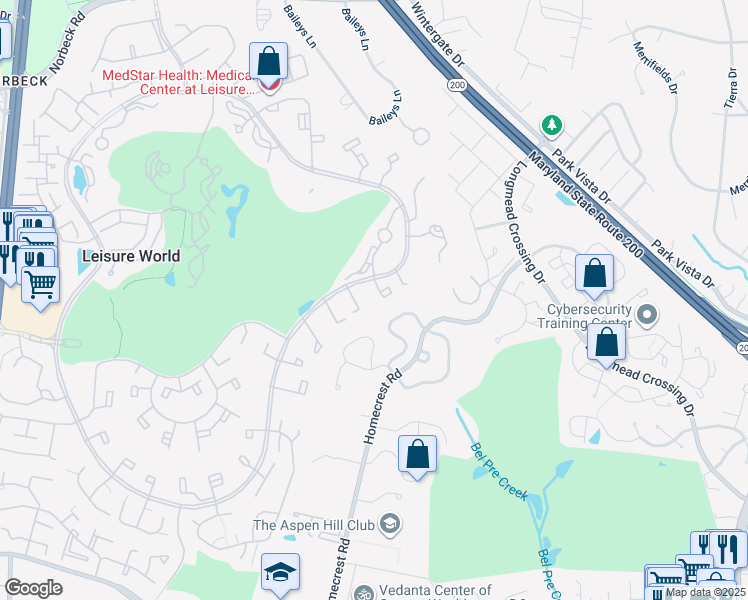 map of restaurants, bars, coffee shops, grocery stores, and more near 15030 Westholm Court in Silver Spring