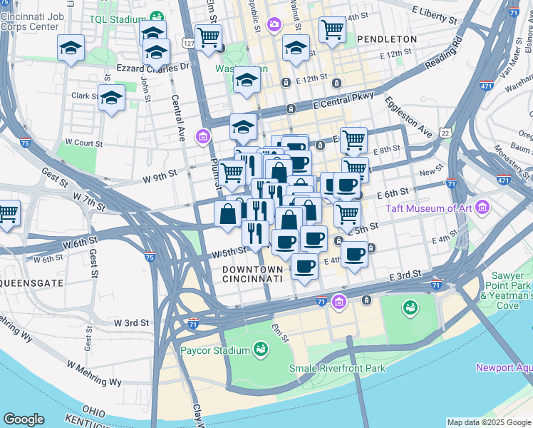 map of restaurants, bars, coffee shops, grocery stores, and more near in Cincinnati