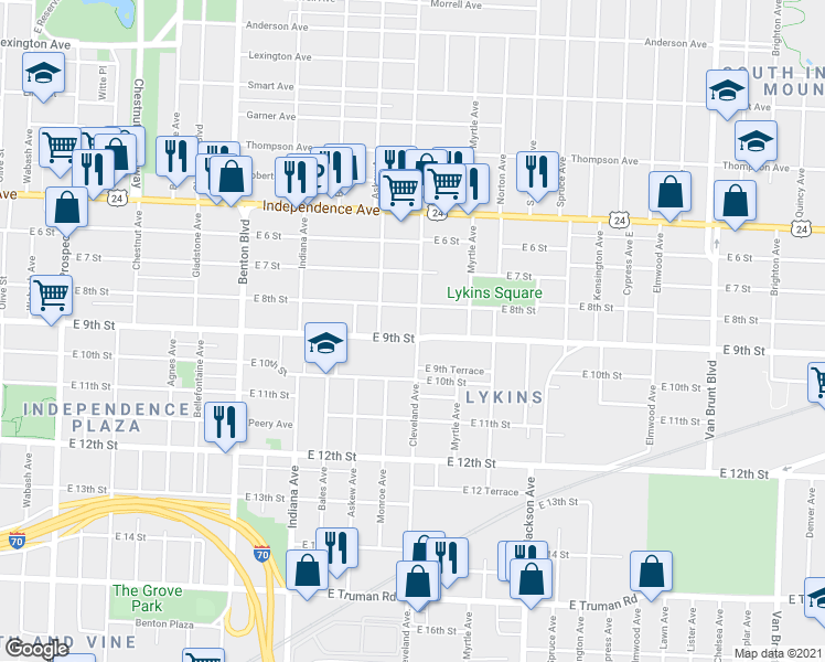 map of restaurants, bars, coffee shops, grocery stores, and more near 3726 East 9th Street in Kansas City