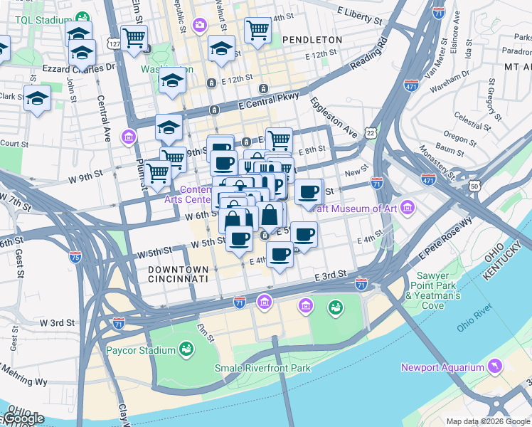 map of restaurants, bars, coffee shops, grocery stores, and more near 530 Walnut Street in Cincinnati