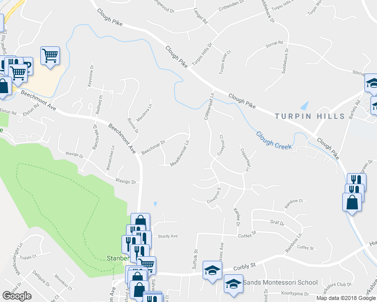 map of restaurants, bars, coffee shops, grocery stores, and more near 2578 Meadowmar Lane in Cincinnati