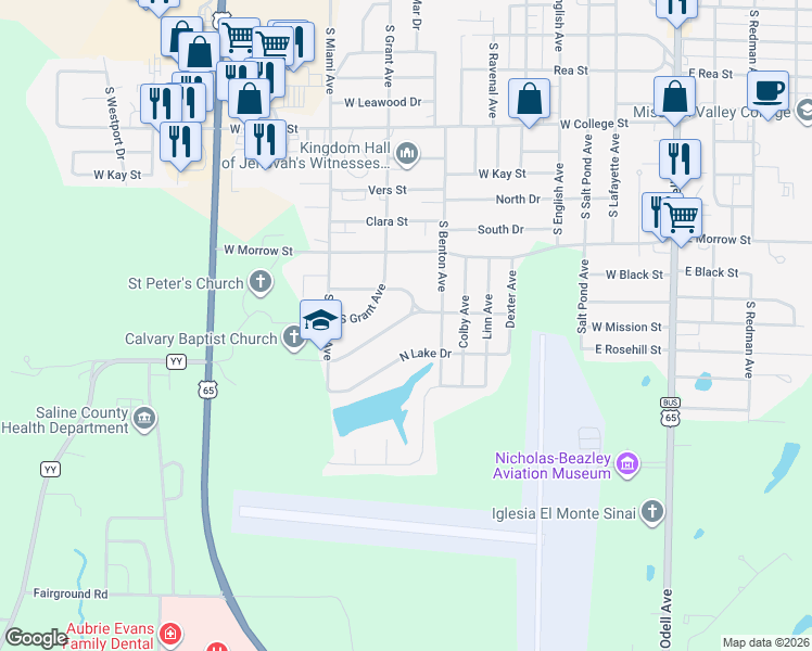 map of restaurants, bars, coffee shops, grocery stores, and more near 712 Briarwood Drive in Marshall