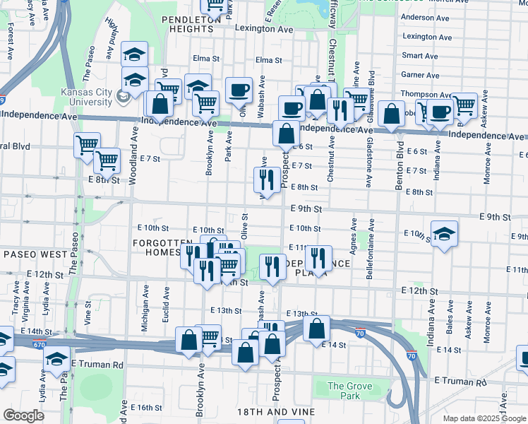 map of restaurants, bars, coffee shops, grocery stores, and more near 2420 East 10th Street in Kansas City