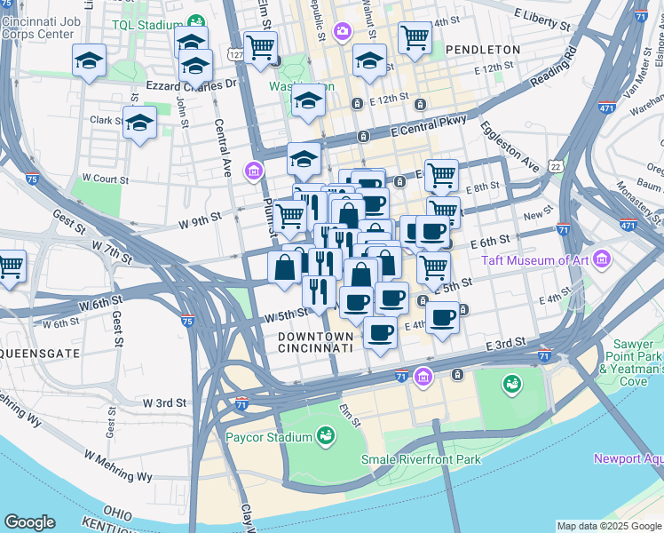 map of restaurants, bars, coffee shops, grocery stores, and more near in Cincinnati