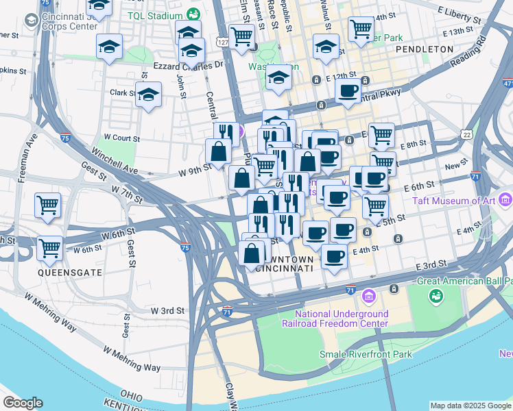 map of restaurants, bars, coffee shops, grocery stores, and more near Plum Street in Cincinnati