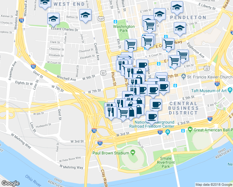map of restaurants, bars, coffee shops, grocery stores, and more near Plum Street in Cincinnati