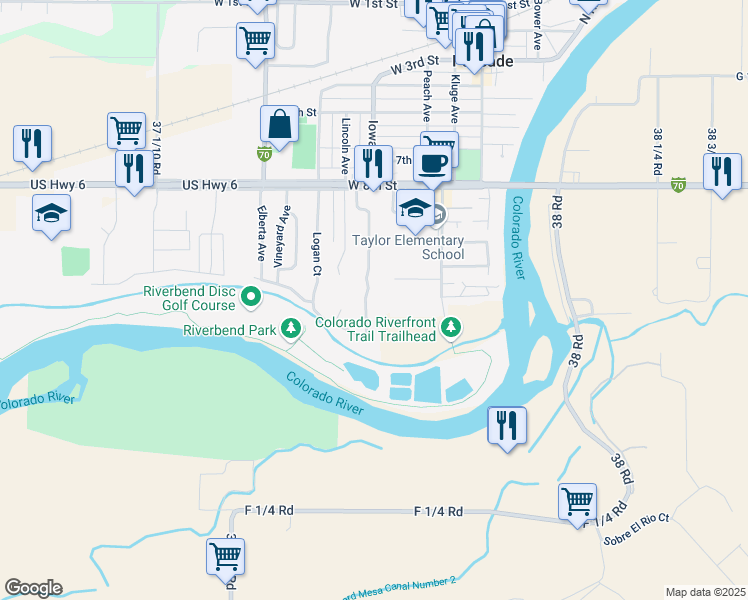map of restaurants, bars, coffee shops, grocery stores, and more near 951 Iowa Avenue in Palisade