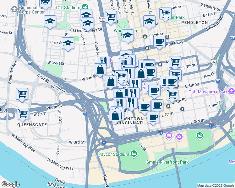 map of restaurants, bars, coffee shops, grocery stores, and more near 339 West 7th Street in Cincinnati