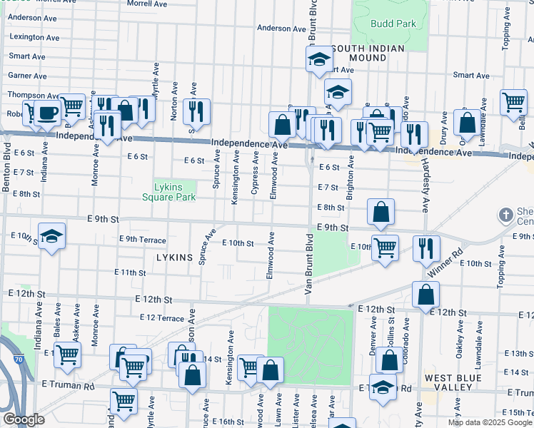 map of restaurants, bars, coffee shops, grocery stores, and more near 4514 East 9th Street in Kansas City