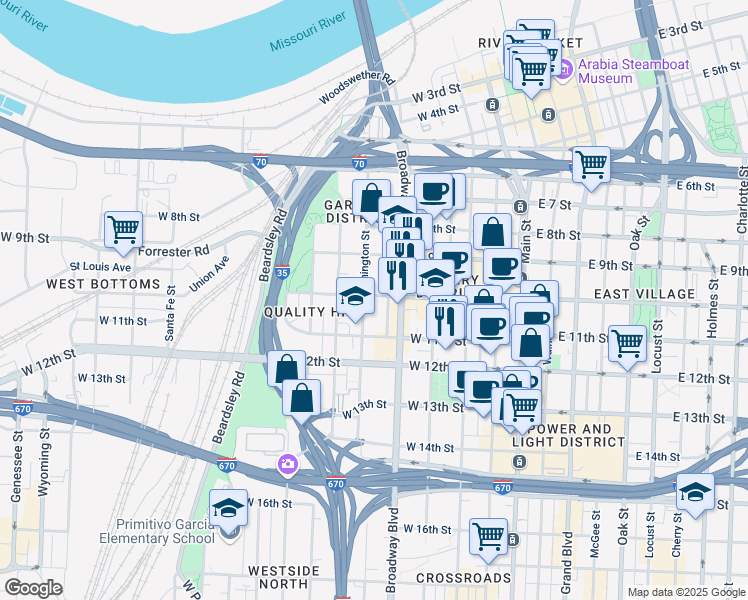 map of restaurants, bars, coffee shops, grocery stores, and more near 1080 Washington Street in Kansas City