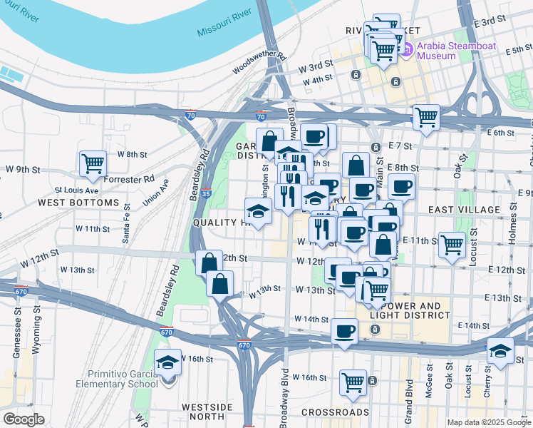 map of restaurants, bars, coffee shops, grocery stores, and more near 1080 Washington Street in Kansas City