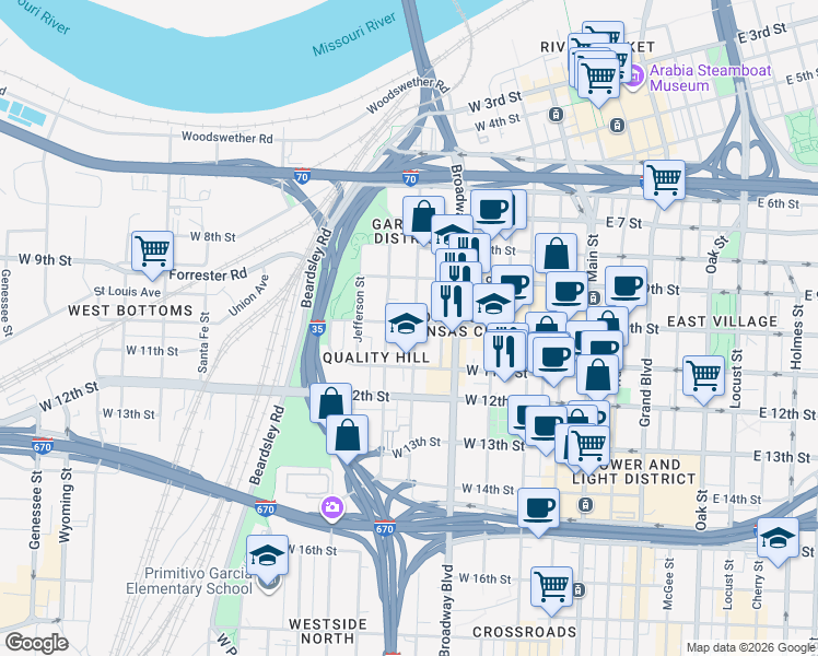 map of restaurants, bars, coffee shops, grocery stores, and more near 1080 Washington Street in Kansas City