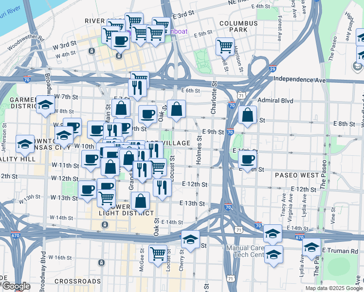 map of restaurants, bars, coffee shops, grocery stores, and more near in Kansas City