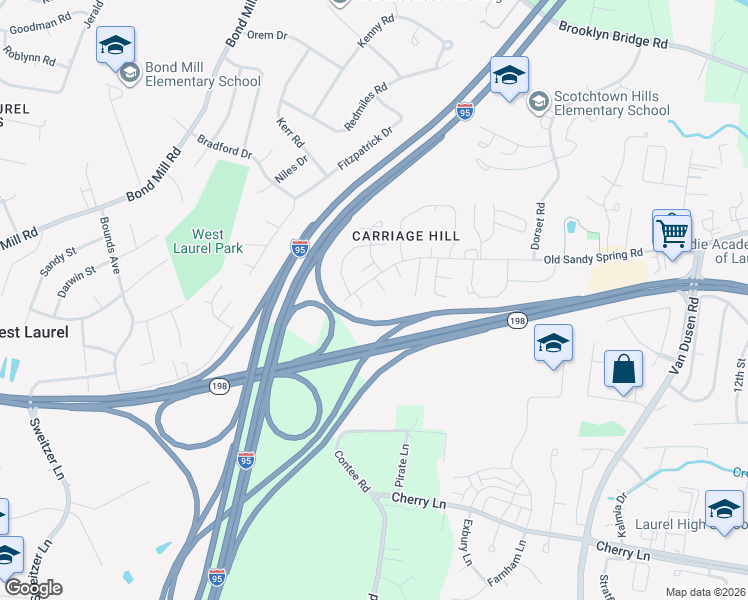map of restaurants, bars, coffee shops, grocery stores, and more near 7001 Old Sandy Spring Road in Laurel