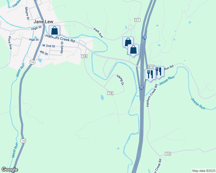 map of restaurants, bars, coffee shops, grocery stores, and more near 18 Viking Drive in Jane Lew