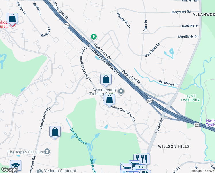 map of restaurants, bars, coffee shops, grocery stores, and more near 2405 Normandy Square Place in Aspen Hill