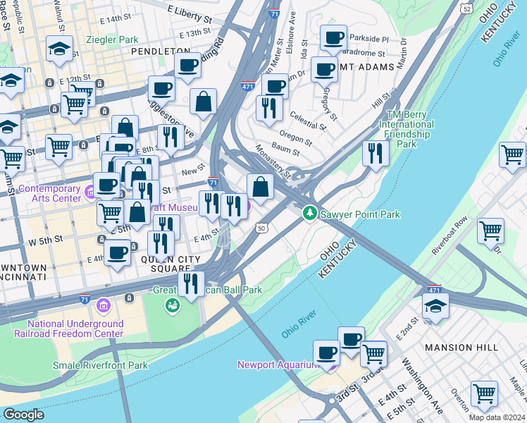 map of restaurants, bars, coffee shops, grocery stores, and more near 310 Culvert Street in Cincinnati
