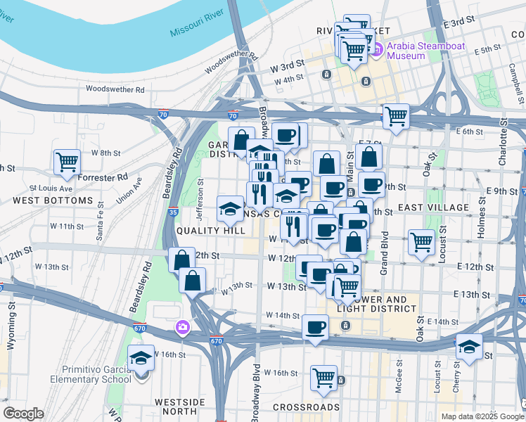 map of restaurants, bars, coffee shops, grocery stores, and more near 1003 Broadway Boulevard in Kansas City