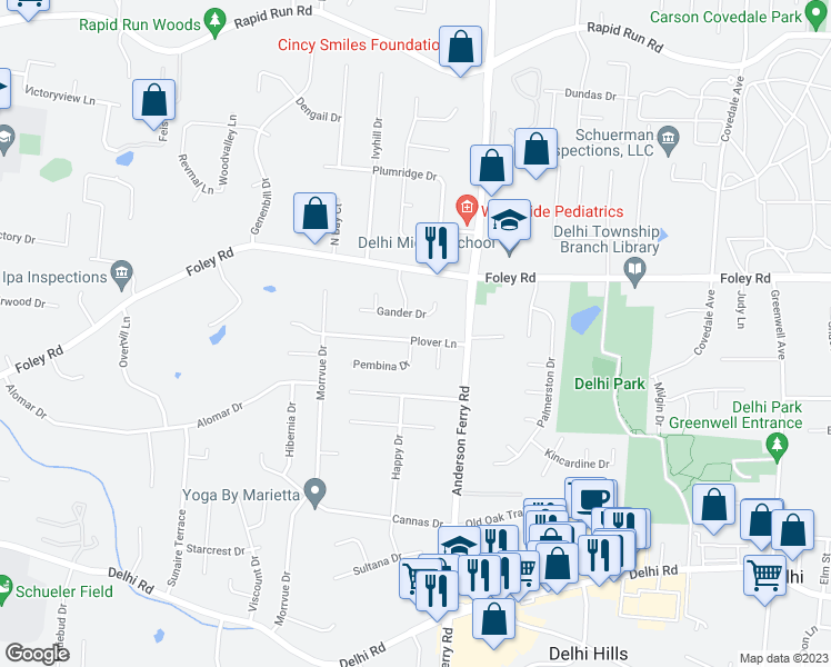 map of restaurants, bars, coffee shops, grocery stores, and more near 5336 Plover Lane in Cincinnati