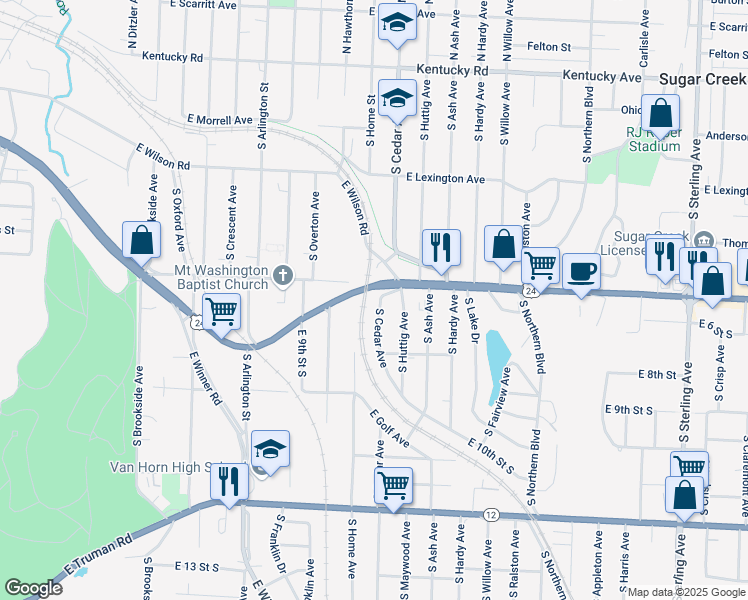 map of restaurants, bars, coffee shops, grocery stores, and more near 600 South Cedar Avenue in Independence