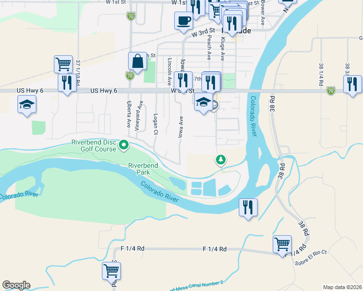 map of restaurants, bars, coffee shops, grocery stores, and more near 951 Iowa Avenue in Palisade